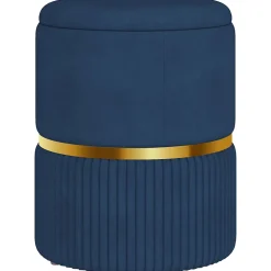 Pouf repose-pied tabouret design avec coffre de rangement velours côtelé acier brossé doré bleu foncé