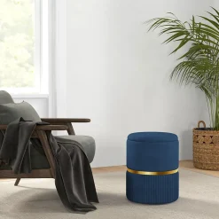 Pouf repose-pied tabouret design avec coffre de rangement velours côtelé acier brossé doré bleu foncé