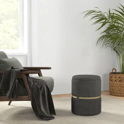 Pouf repose-pied tabouret design avec coffre de rangement velours côtelé acier brossé doré gris