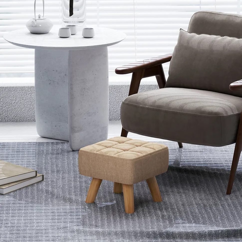 Pouf repose-pieds style nordique piètement bois incliné tissu assise effet capitonné marron