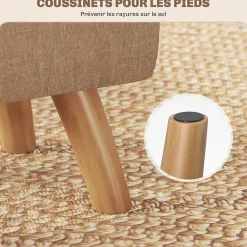 Pouf repose-pieds style nordique piètement bois incliné tissu assise effet capitonné marron
