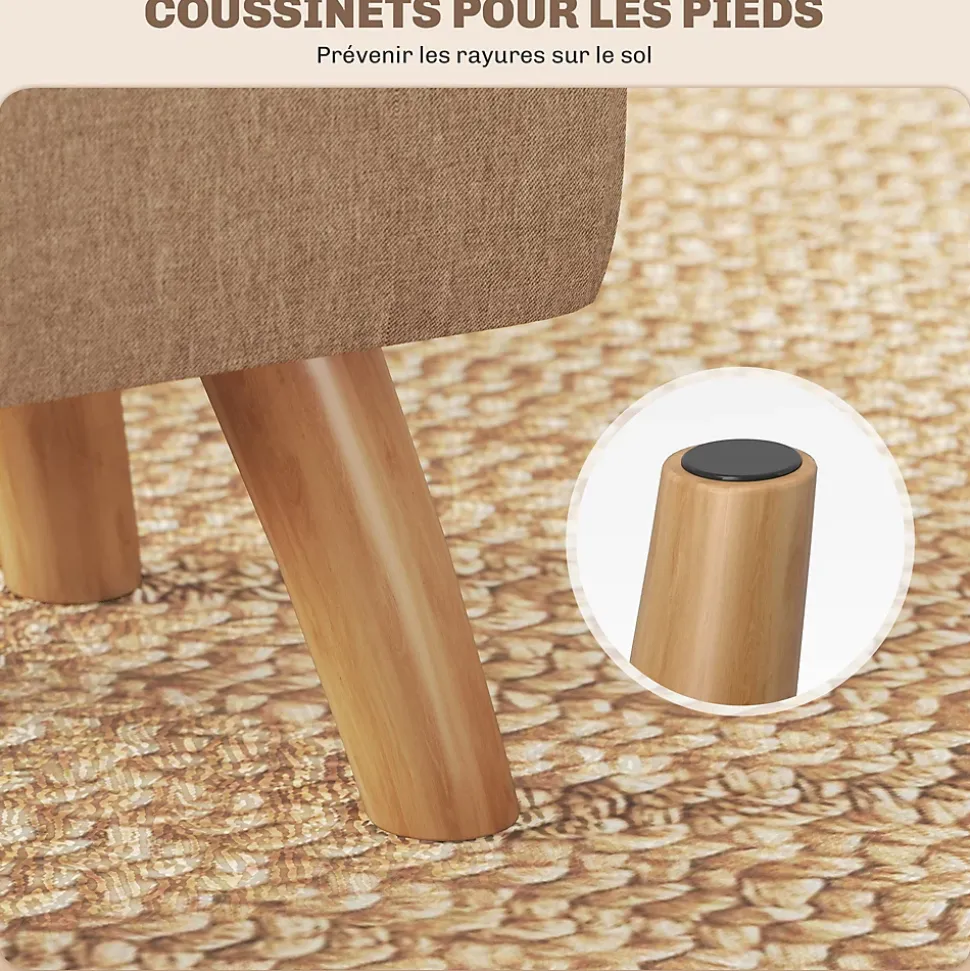Pouf repose-pieds style nordique piètement bois incliné tissu assise effet capitonné marron