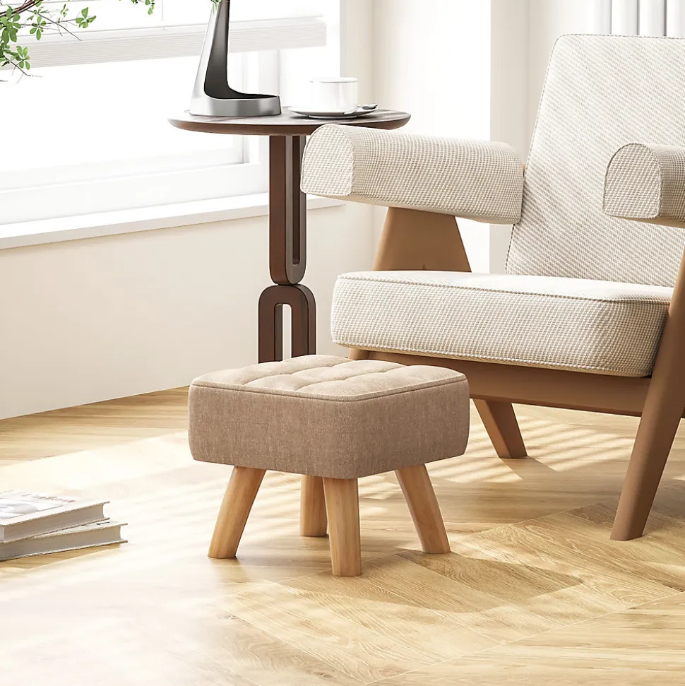 Pouf repose-pieds style nordique piètement bois incliné tissu assise effet capitonné marron