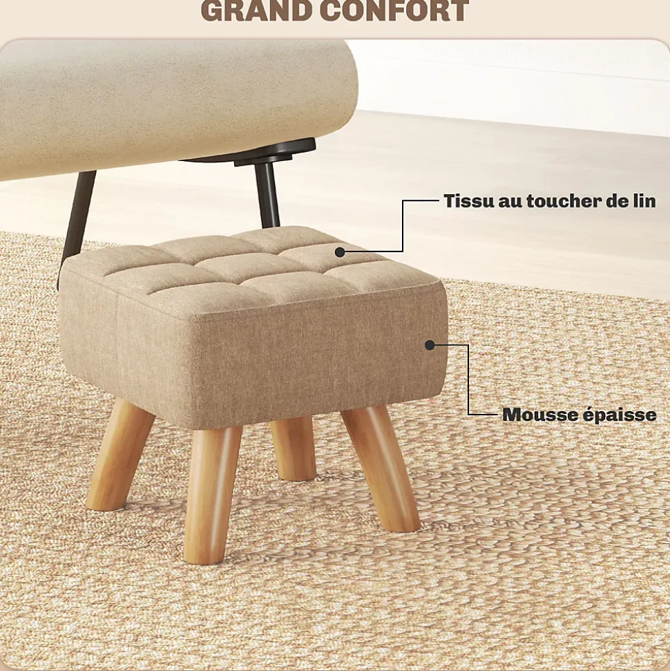 Pouf repose-pieds style nordique piètement bois incliné tissu assise effet capitonné marron