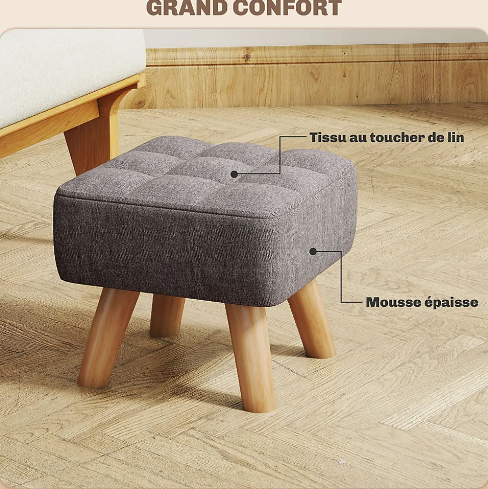 Pouf repose-pieds style nordique piètement bois incliné tissu assise effet capitonné gris