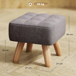 Pouf repose-pieds style nordique piètement bois incliné tissu assise effet capitonné gris