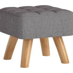 Pouf repose-pieds style nordique piètement bois incliné tissu assise effet capitonné gris