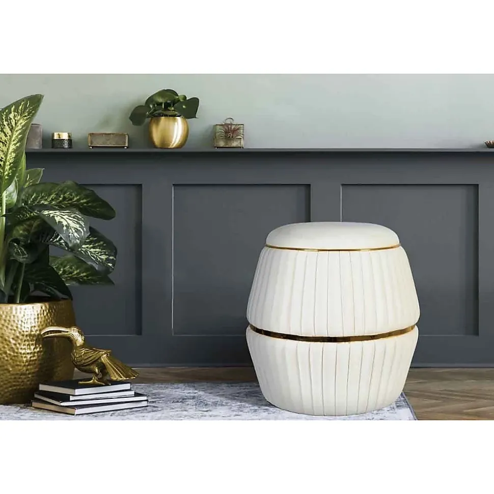 Pouf Rond Design "Doric" 53cm Ivoire & Or
