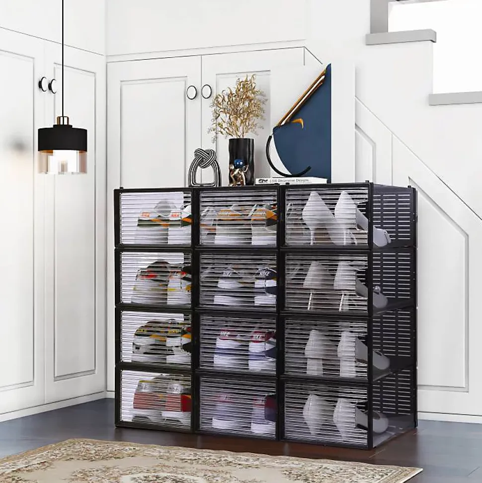 Rangement à chaussure - Boite à chaussures - Noires et transparentes crystal - Lot de 12