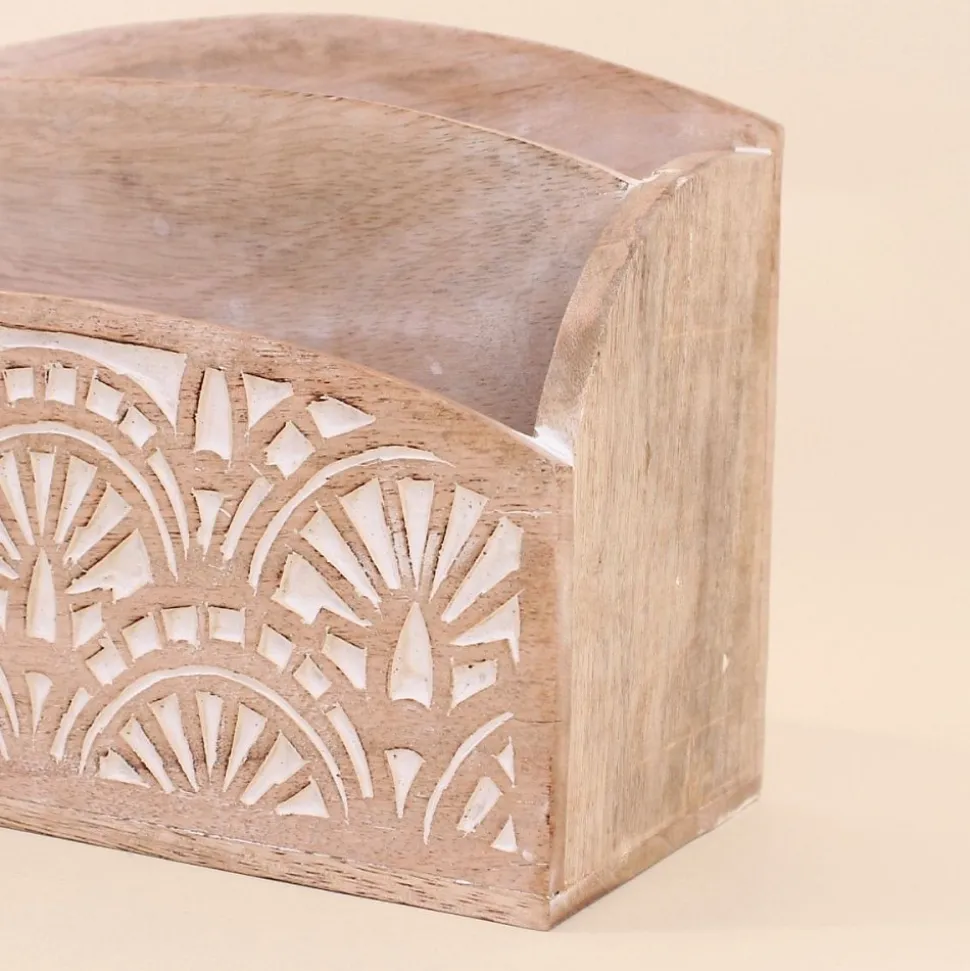 Rangement bureau en manguier gravé et cérusé 31x18cm
