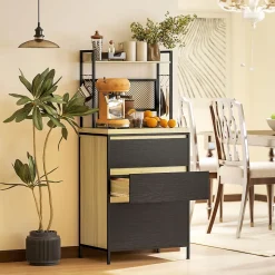 Rangement de cuisine - buffet style industriel 3 tiroirs, plan de travail, étagère, 4 crochets - métal effet bois noir clair