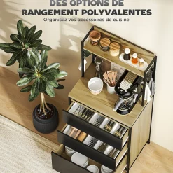 Rangement de cuisine - buffet style industriel 3 tiroirs, plan de travail, étagère, 4 crochets - métal effet bois noir clair