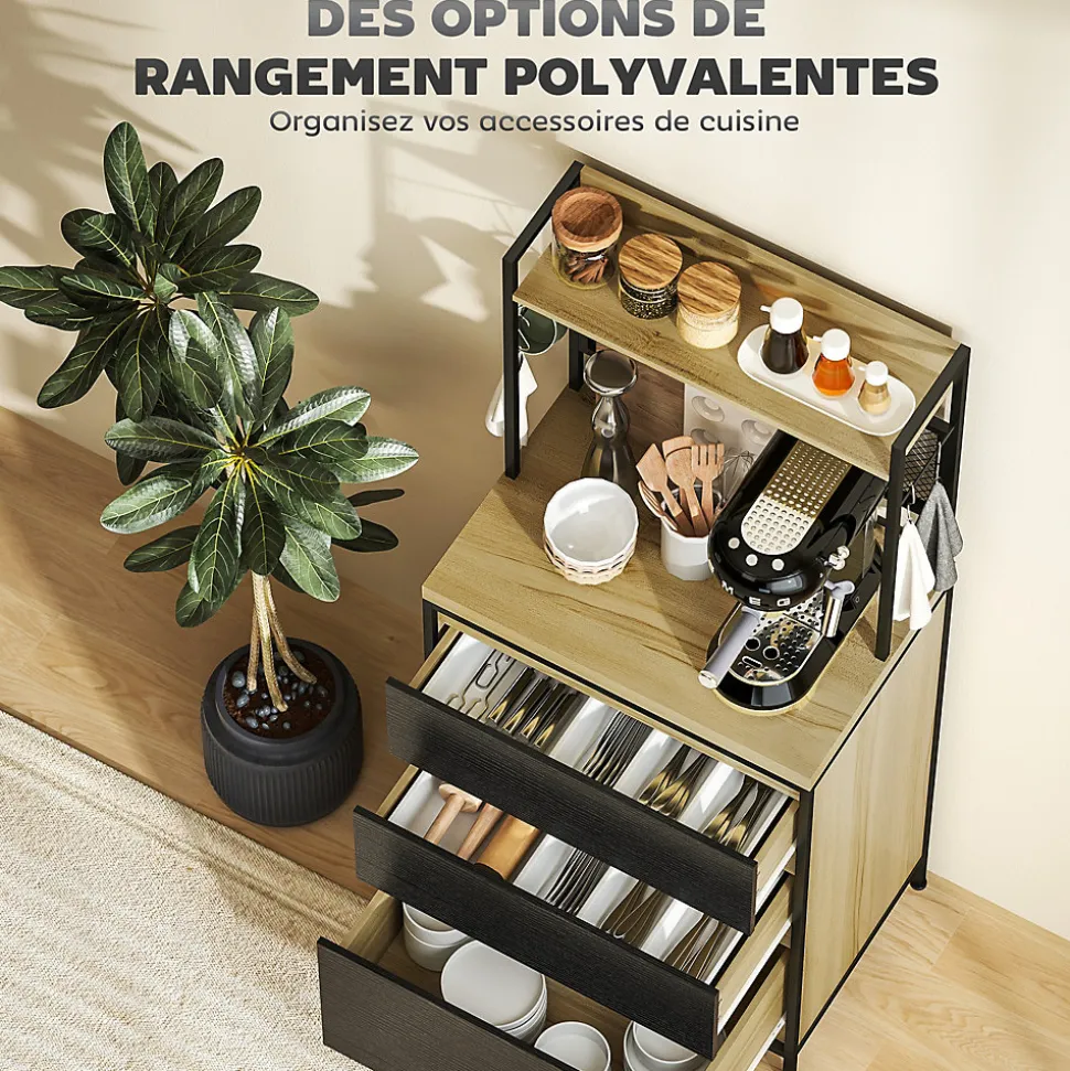 Rangement de cuisine - buffet style industriel 3 tiroirs, plan de travail, étagère, 4 crochets - métal effet bois noir clair