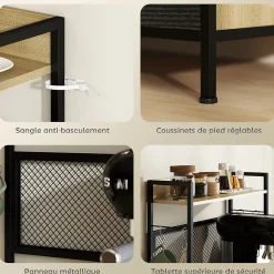 Rangement de cuisine - buffet style industriel 3 tiroirs, plan de travail, étagère, 4 crochets - métal effet bois noir clair