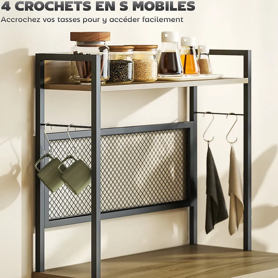 Rangement de cuisine - buffet style industriel 3 tiroirs, plan de travail, étagère, 4 crochets - métal effet bois noir clair