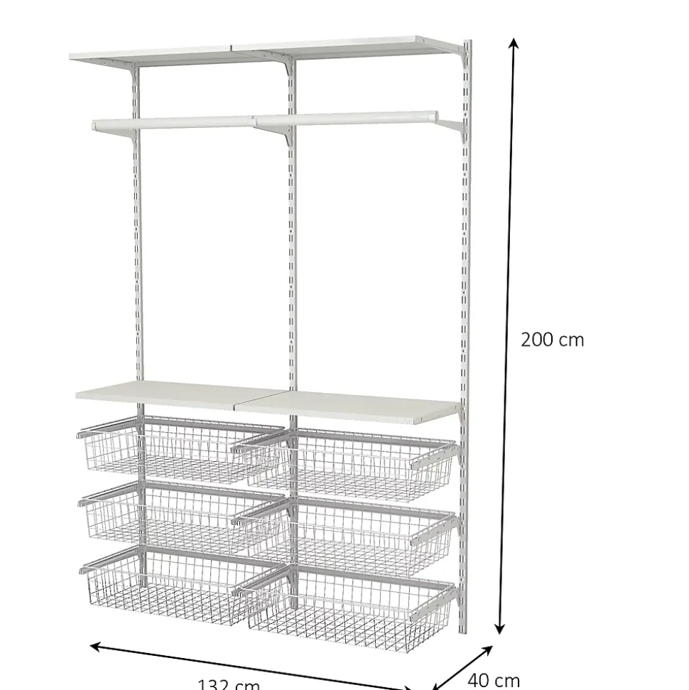 Rangement ouvert mural 2 colonnes avec penderie et 6 paniers H.200 x L.132 x P.40 cm