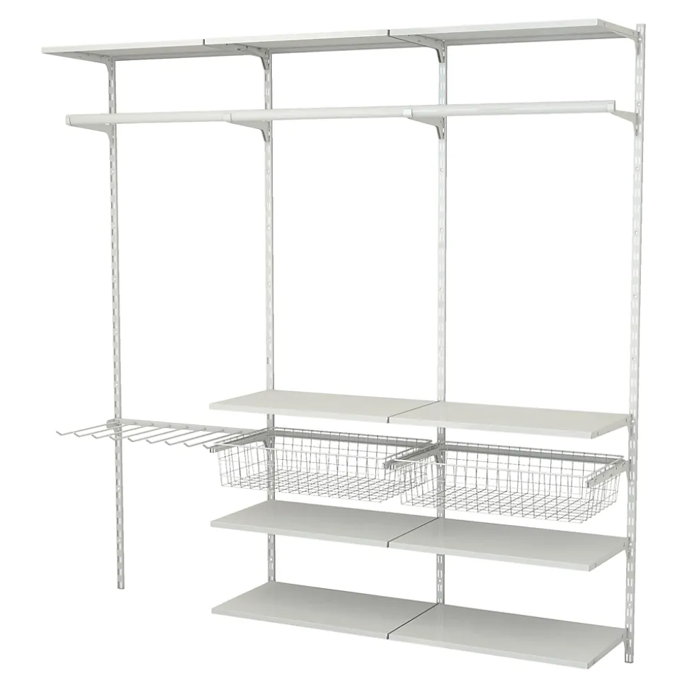 Rangement ouvert mural 3 colonnes avec penderie, porte-pantalon et 2 paniers H.200 x L.198 x P.40 cm