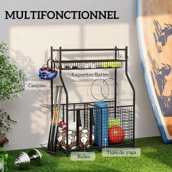Rangement pour équipements sportifs - support de rangement pour ballon - multi-rangement - métal noir