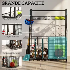 Rangement pour équipements sportifs - support de rangement pour ballon - multi-rangement - métal noir