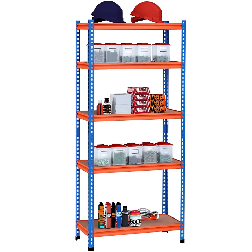 Rayonnage charges lourdes ou volumineuses - étagère garage - 5 tablettes réglables en hauteur - métal bleu orange MDF