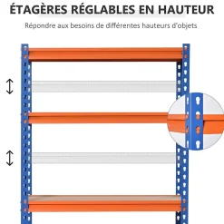 Rayonnage charges lourdes ou volumineuses - étagère garage - 5 tablettes réglables en hauteur - métal bleu orange MDF