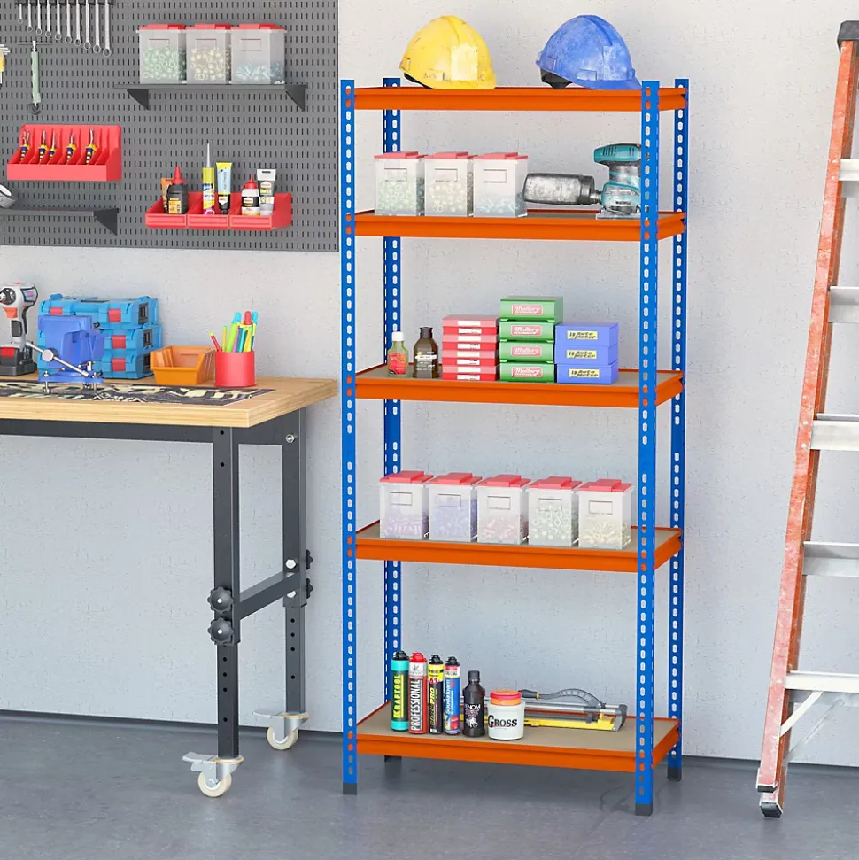 Rayonnage charges lourdes ou volumineuses - étagère garage - 5 tablettes réglables en hauteur - métal bleu orange MDF