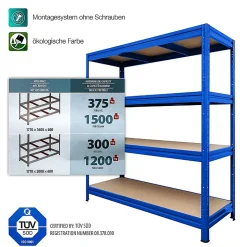 Rayonnage Étagère charge lourde Tôle d'acier 4 Étages Bleu 200 x 180 x 60 cm, Capacité de charge jusqu'à 1500 kg