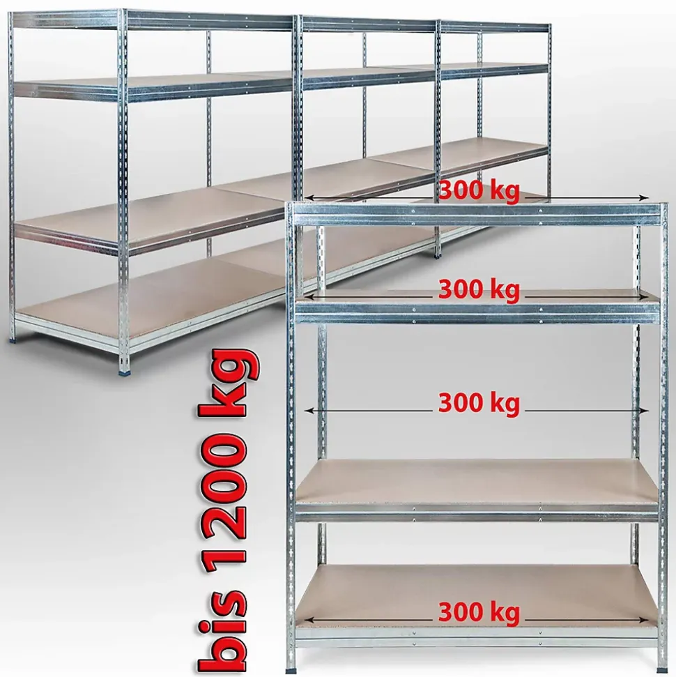 Rayonnage Étagère charge lourde Tôle d'acier 4 Étages Galvanisé 200 x 150 x 80 cm, Capacité de charge jusqu'à 1500 kg