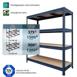 Rayonnage Étagère charge lourde Tôle d'acier 4 Étages Gris 200 x 180 x 60 cm, Capacité de charge jusqu'à 1500 kg