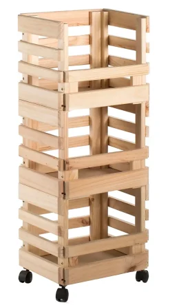 Resserre de trois caisses en pin empilables (90x38x30cm) avec 4 roulettes