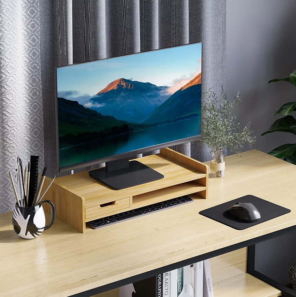 Réhausseur écran - support de moniteur - tiroir, niche - bois de bambou verni
