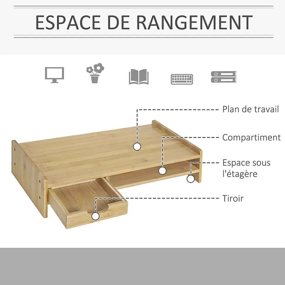 Réhausseur écran - support de moniteur - tiroir, niche - bois de bambou verni