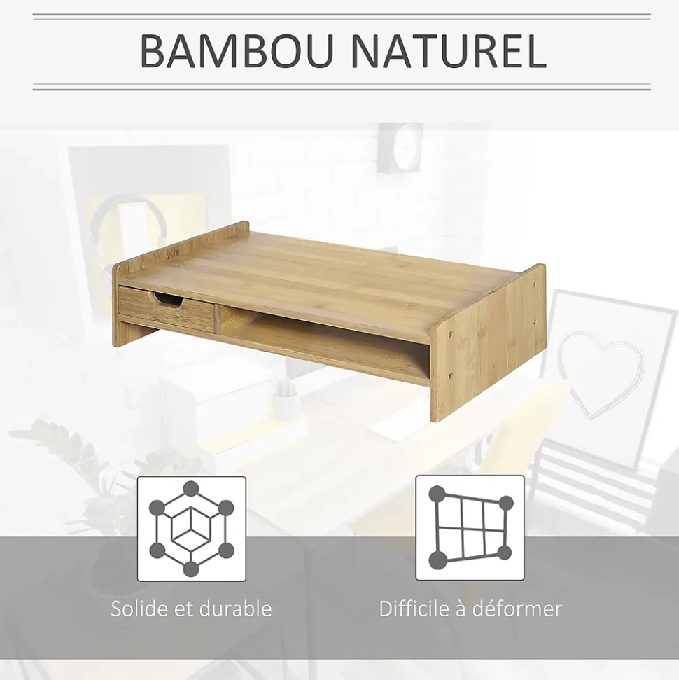 Réhausseur écran - support de moniteur - tiroir, niche - bois de bambou verni