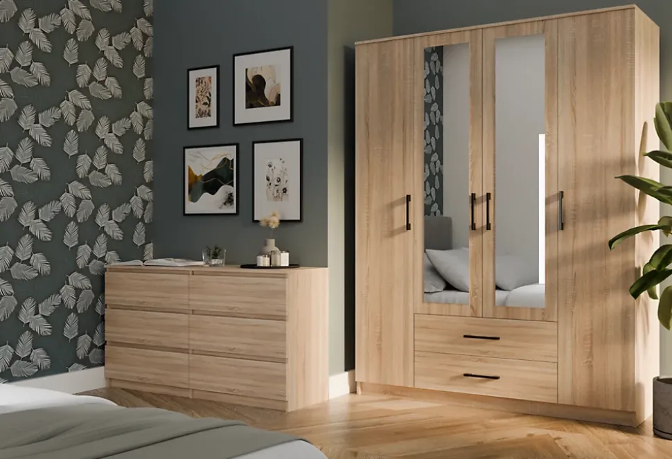 ROMA - Grande Armoire chambre bureau 205x160x52 cm - Penderie - 2 portes - 2 Miroirs - 2 tiroirs - Meuble de rangement