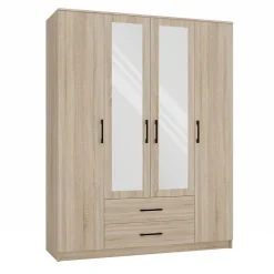ROMA - Grande Armoire chambre bureau 205x160x52 cm - Penderie - 2 portes - 2 Miroirs - 2 tiroirs - Meuble de rangement