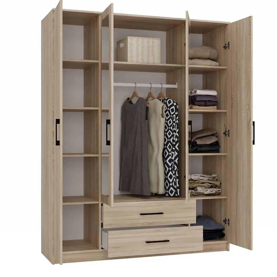 ROMA - Grande Armoire chambre bureau 205x160x52 cm - Penderie - 2 portes - 2 Miroirs - 2 tiroirs - Meuble de rangement