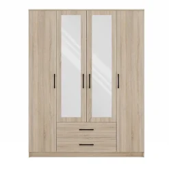 ROMA - Grande Armoire chambre bureau 205x160x52 cm - Penderie - 2 portes - 2 Miroirs - 2 tiroirs - Meuble de rangement