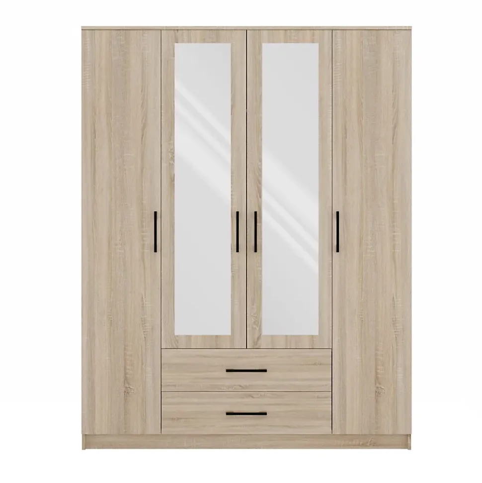 ROMA - Grande Armoire chambre bureau 205x160x52 cm - Penderie - 2 portes - 2 Miroirs - 2 tiroirs - Meuble de rangement