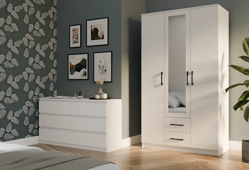 ROMA - Petite Armoire chambre bureau - Penderie multifonctions - 2 portes - Miroir - 2 tiroirs - Meuble de rangement - Dressing