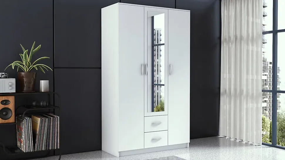 ROMA - Petite Armoire chambre bureau - Penderie multifonctions - 2 portes - Miroir - 2 tiroirs - Meuble de rangement - Dressing
