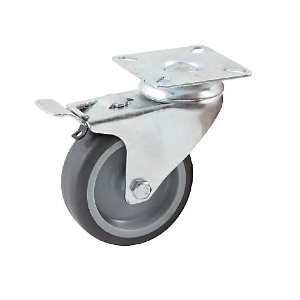 Roulette diamètre 100mm hauteur 135mm caoutchouc gris platine pivotant + frein - AVL - 5579100H