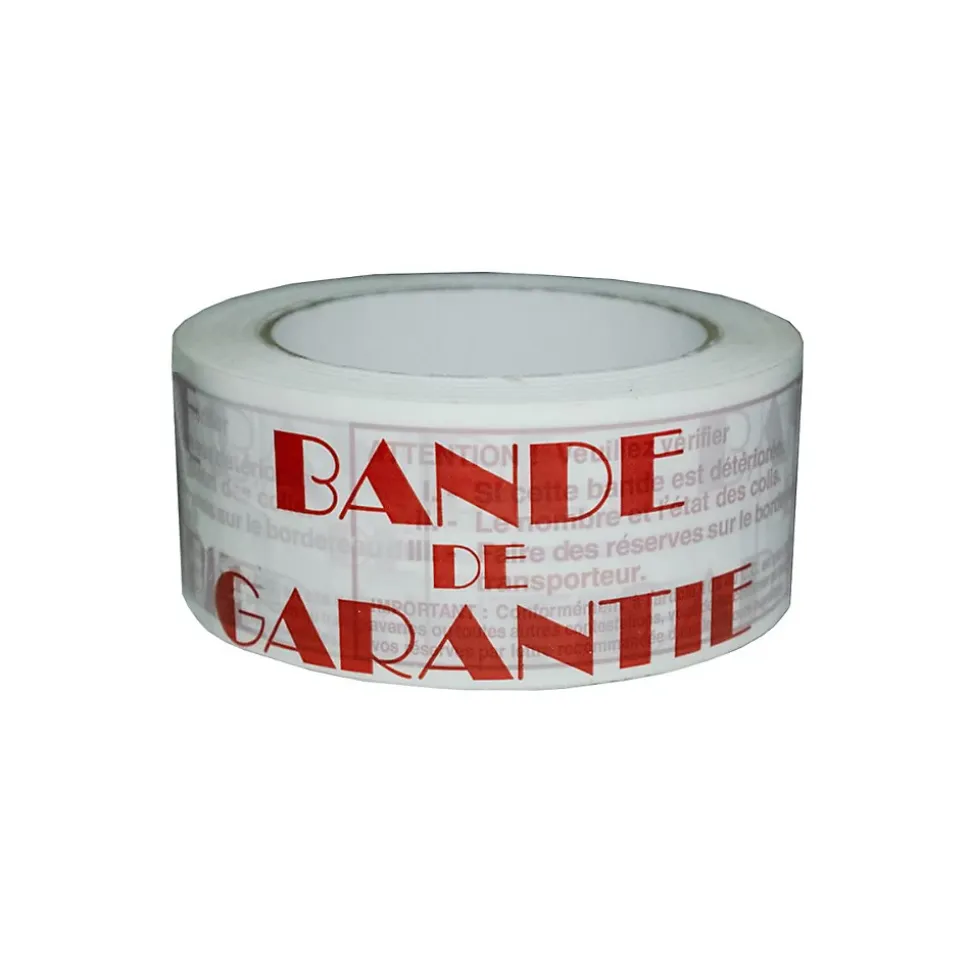 Ruban adhésif d'emballage 28mic blanc imprimé "BANDE DE GARANTIE" en rouge - rouleau d'expédition 50 mm x 100 m - Carton de 36