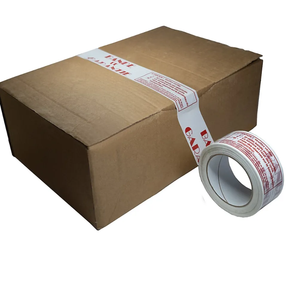 Ruban adhésif d'emballage 28mic blanc imprimé "BANDE DE GARANTIE" en rouge - rouleau d'expédition 50 mm x 100 m - Carton de 36