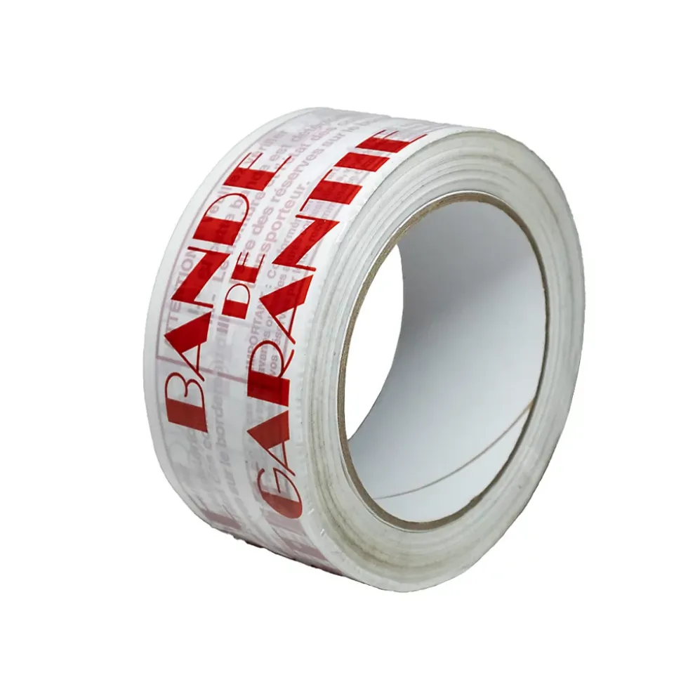Ruban adhésif d'emballage 28mic blanc imprimé "BANDE DE GARANTIE" en rouge - rouleau d'expédition 50 mm x 100 m - Carton de 36