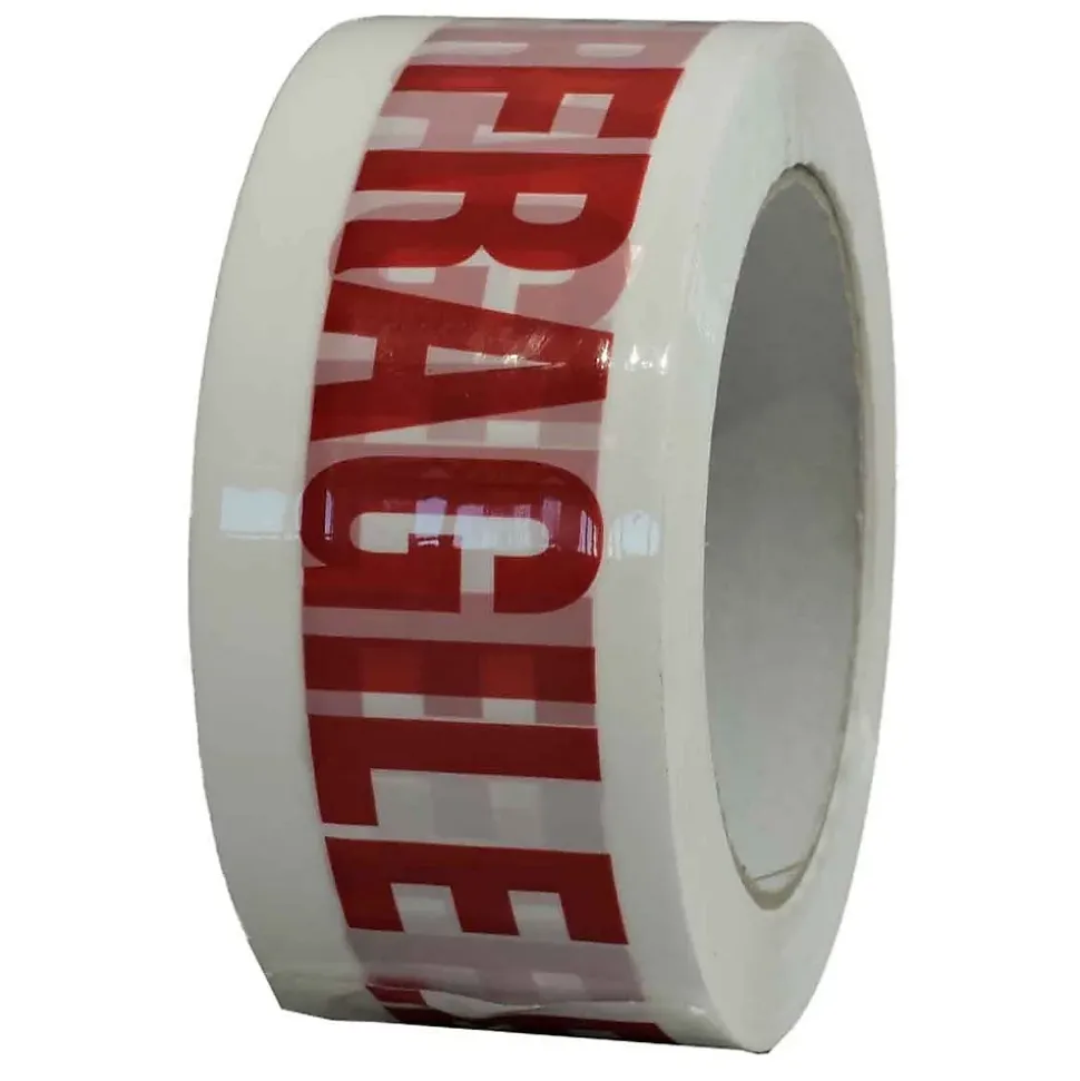 Ruban adhésif d'emballage 28mic blanc imprimé "FRAGILE" en rouge - rouleau adhésif d'expédition 50 mm x 100 m - Carton de 36