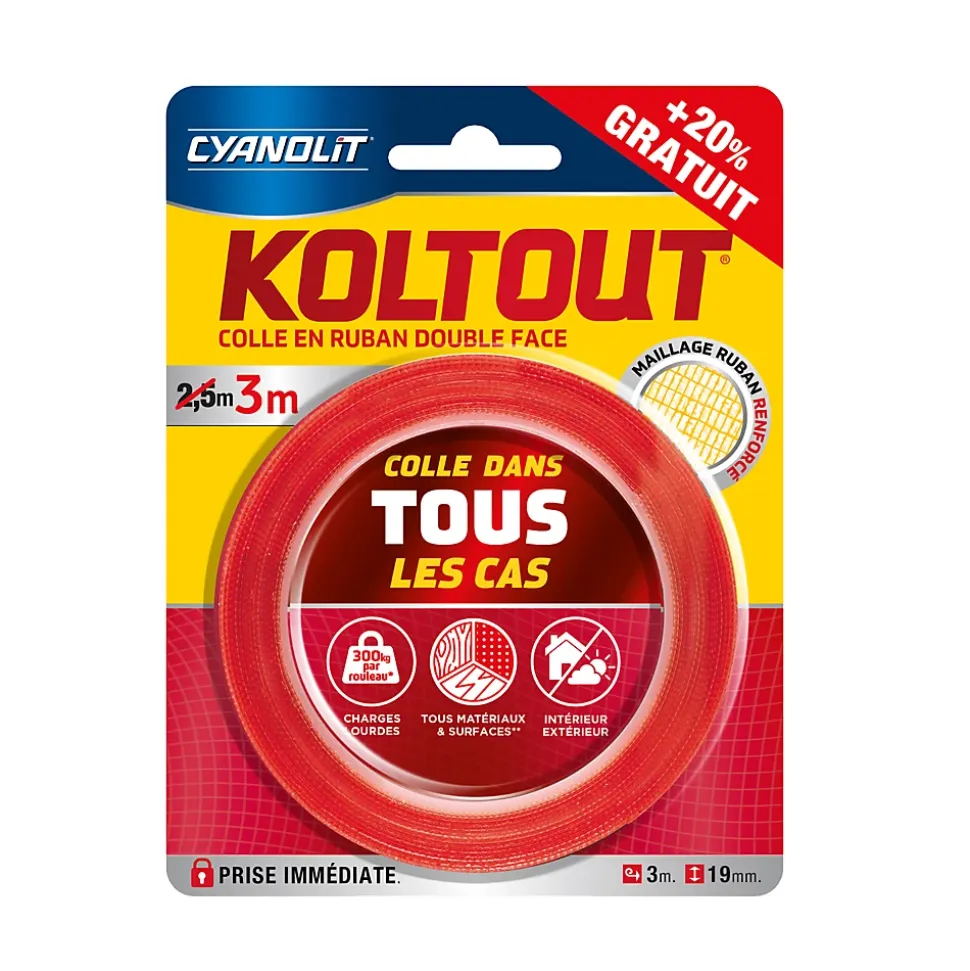 Ruban adhésif double face Cyanolit Koltout Express 3 m x 19 mm + 20%