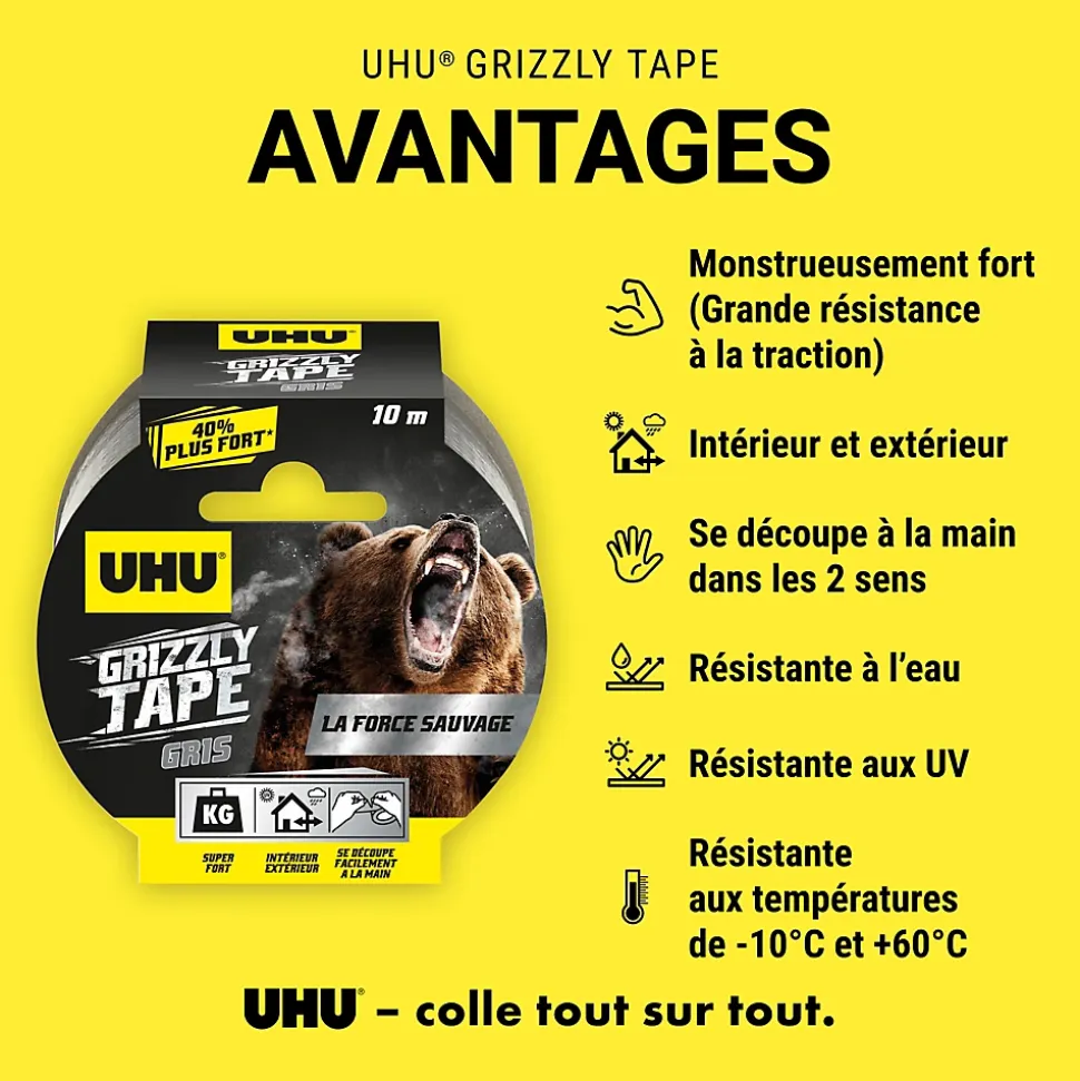 Ruban adhésif UHU Grizzly tape gris 10m