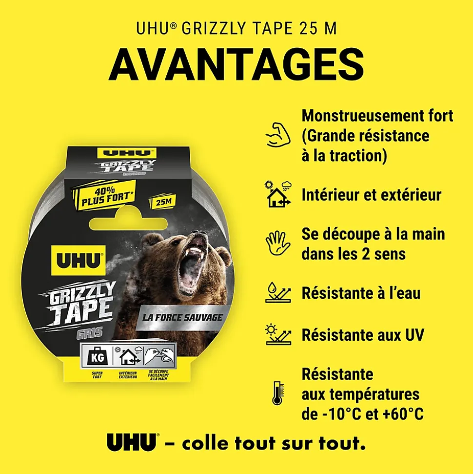 Ruban adhésif UHU Grizzly tape gris 25m