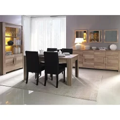 Salle à manger FARRA : buffet, vitrine, 3 miroirs et table avec LED