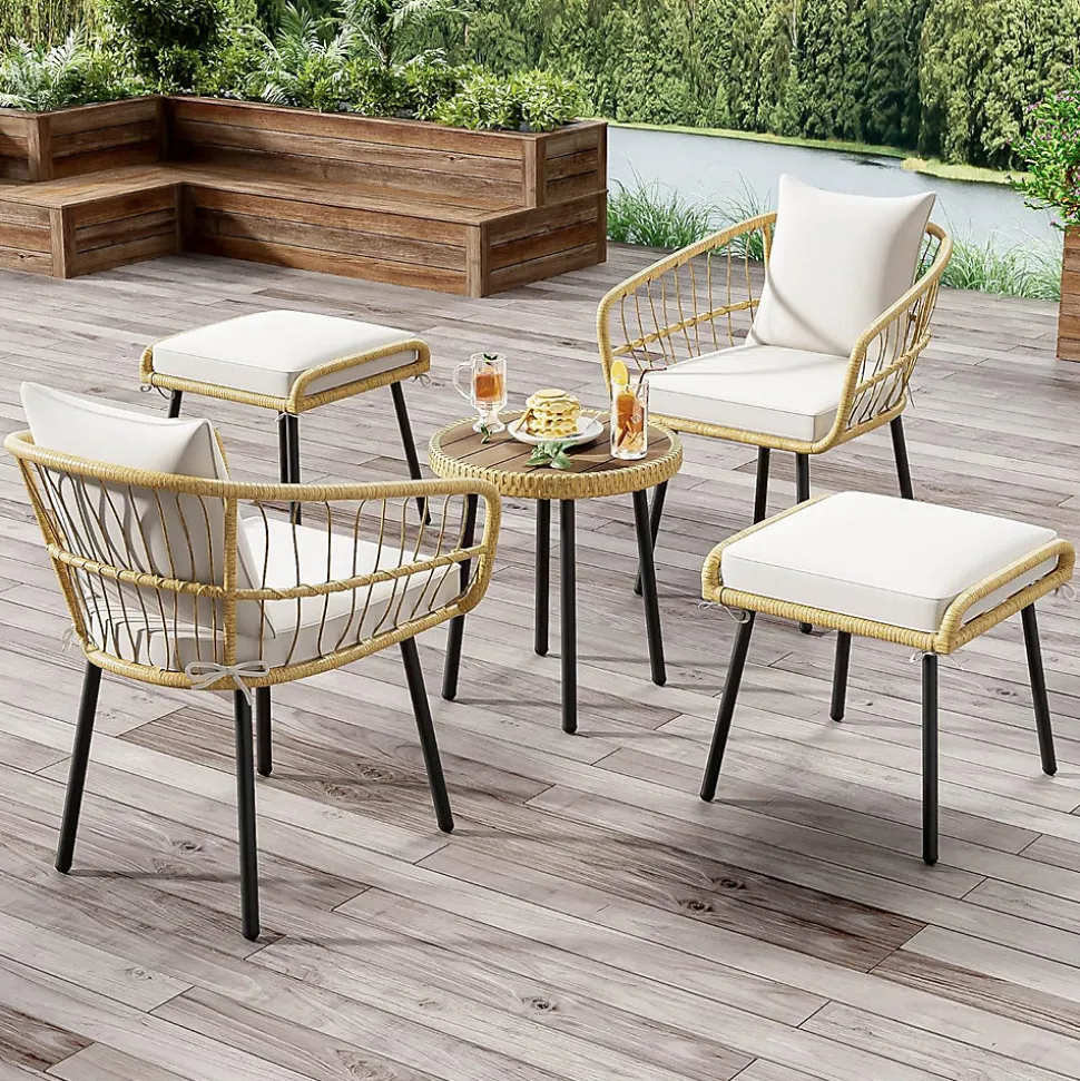 Salon de Jardin 5 Pièces, 2 Chaises, 2 Tabourets, Mobilier Extérieur pour Cours, Terrasses, Balcons, Bords Piscine, Naturel